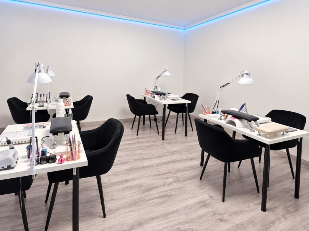 Salle de formation onglerie en groupe à Manage avec quatre postes équipés